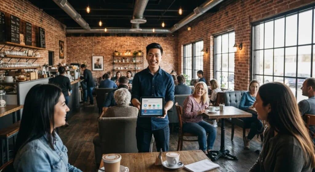 Small business owner engaging with customers in a café, highlighting affordable local SEO services