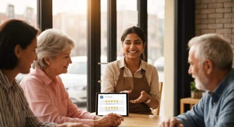 Small business owner engaging with happy customers, emphasizing the importance of online reviews for local SEO