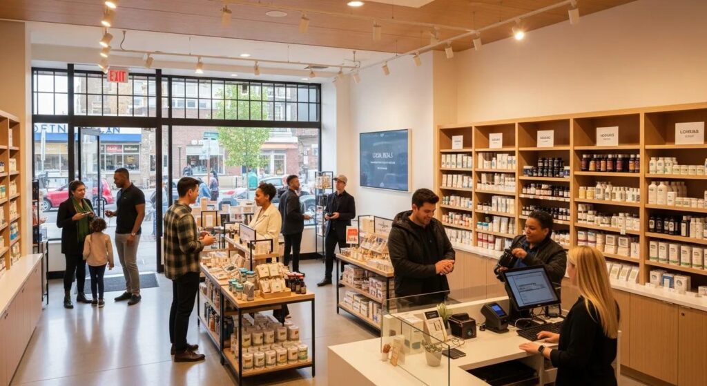 Franchise store with customers and staff &mdash; local SEO driving visits