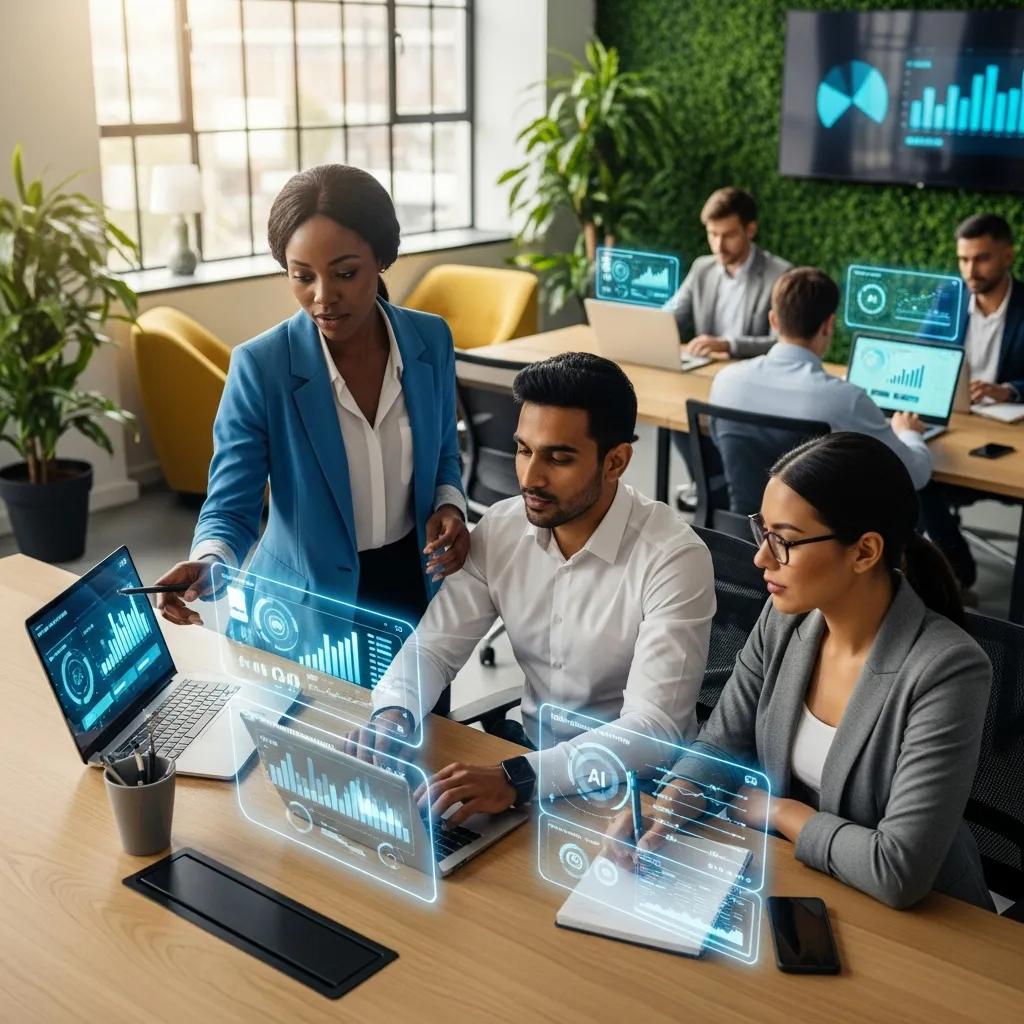 Sales professionals collaborating with AI tools in a modern office setting