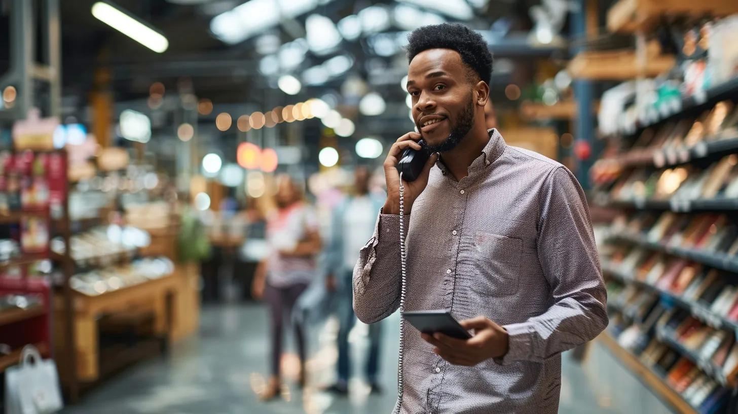 Small business owner on the phone with customers walking the floor behind him