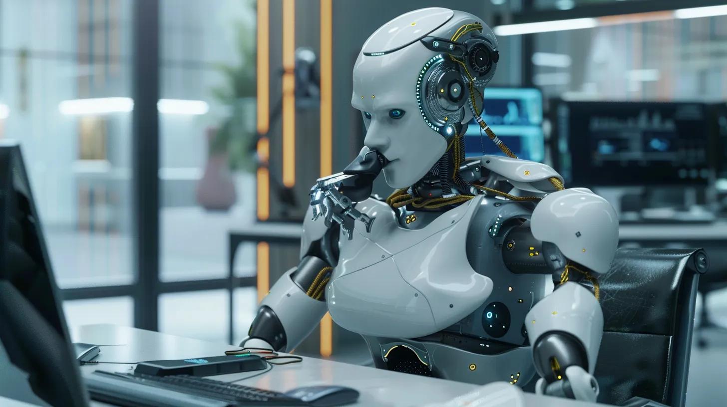 a humanistic robot talking on the phone in a business setting