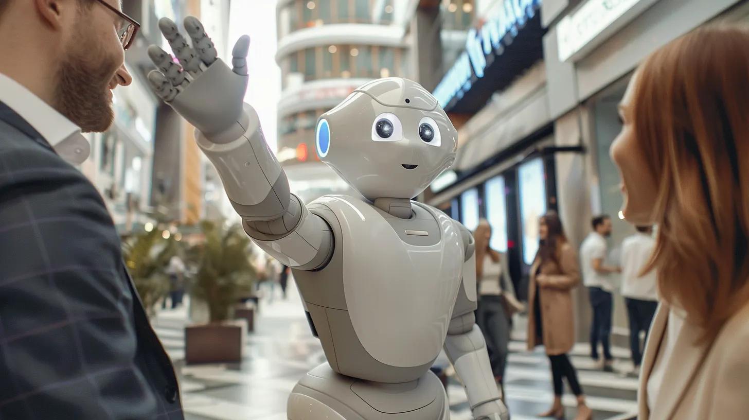 a humanistic robot getting a high-five from the business owner with his team of sales people in the background