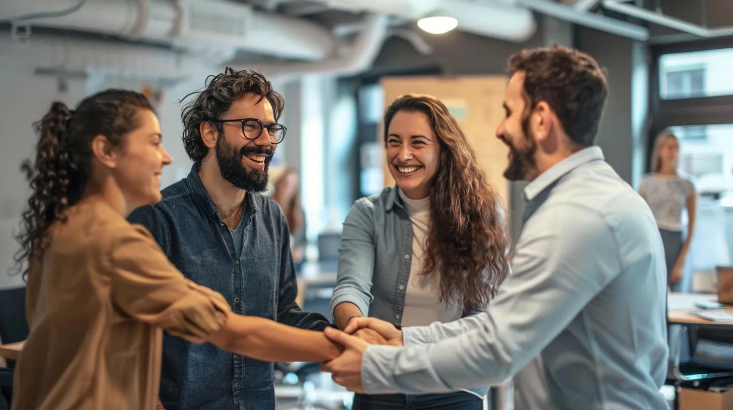 show a happy business owner, shaking hands with the team at Launched after seeing his business grow using AI