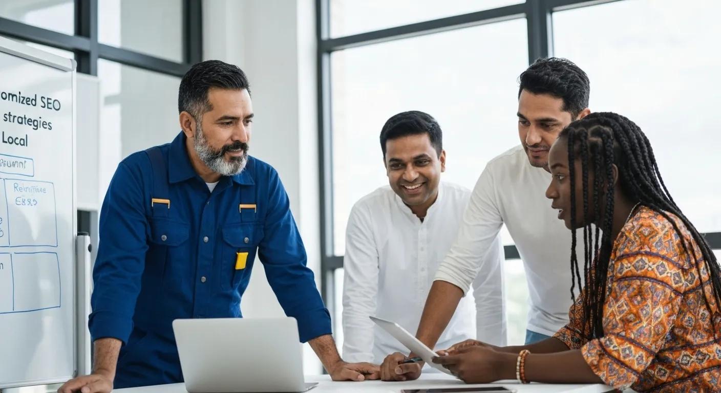 Diverse small businesses implementing customized local SEO strategies for industry-specific needs