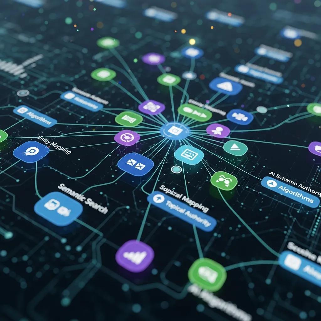 Digital knowledge graph illustrating entity mapping and semantic SEO principles for AI search visibility