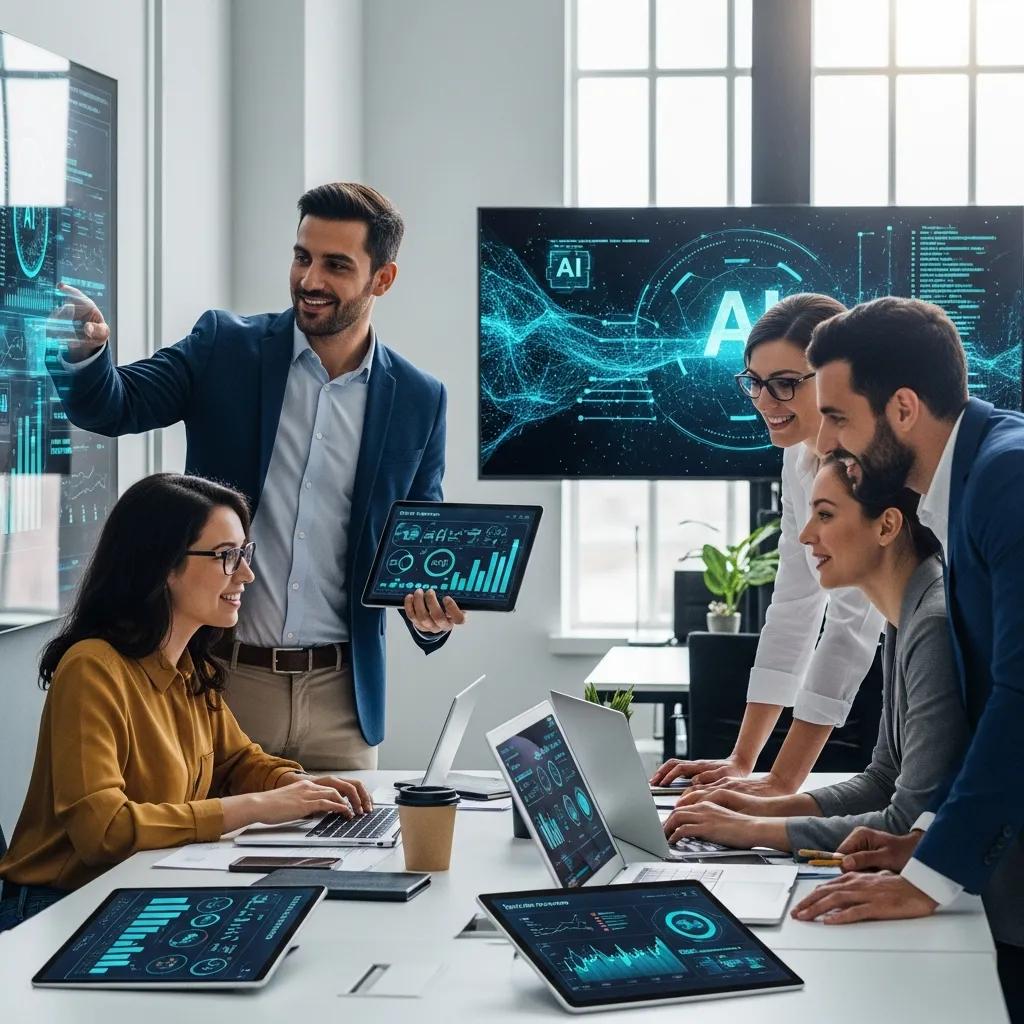 Diverse professionals collaborating in a modern office, emphasizing AI search optimization and digital innovation