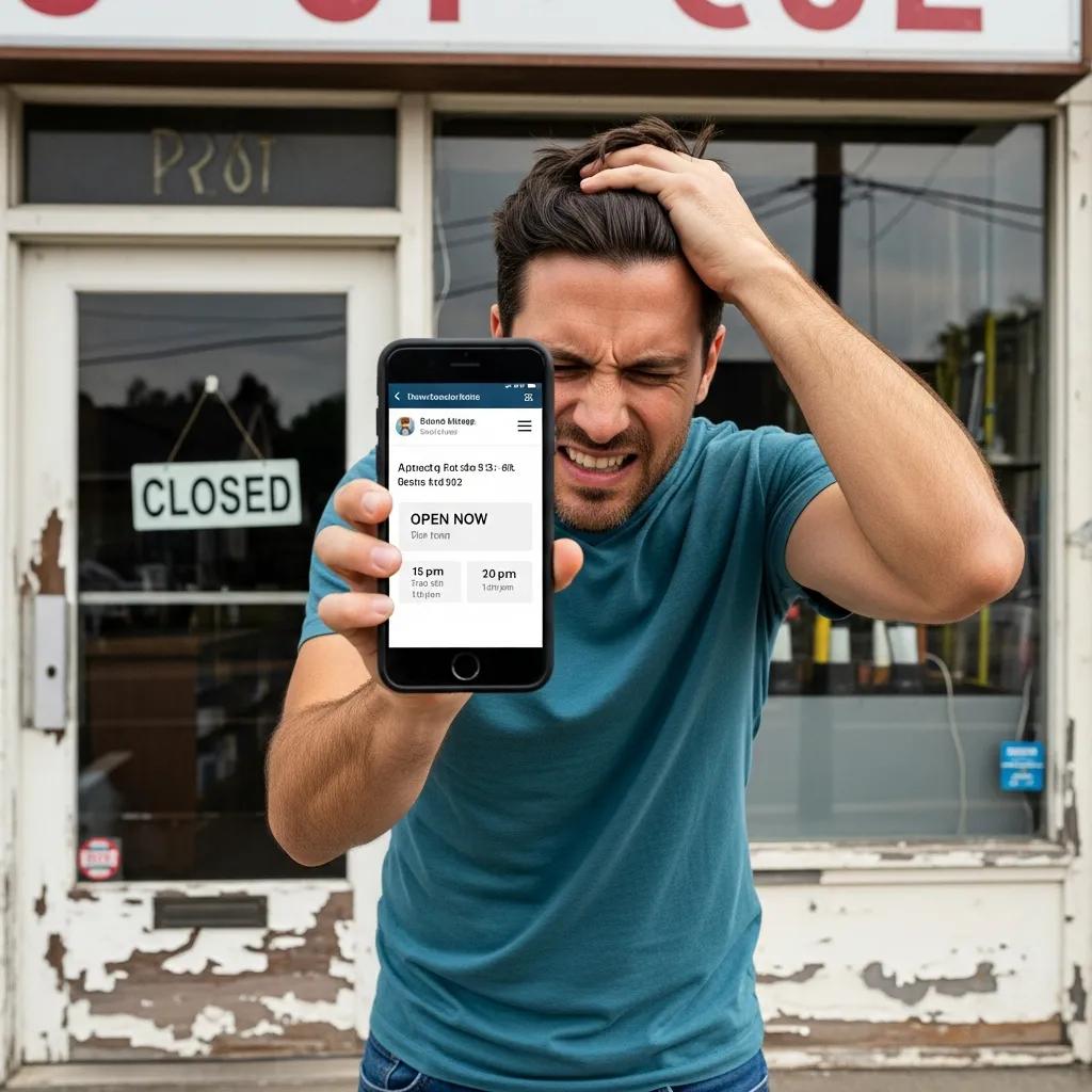 Customer frustrated by incorrect business details on a smartphone outside a local shop