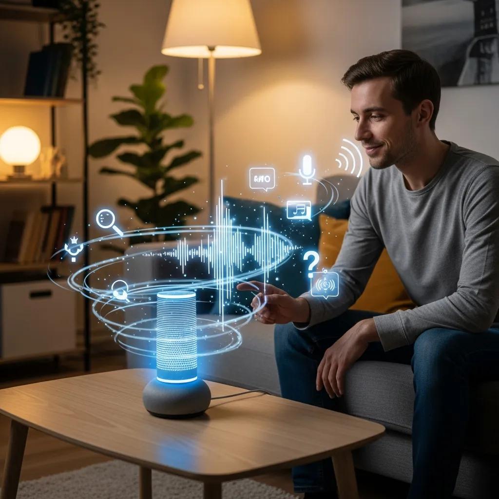 Individual using a voice-activated device in a modern home setting