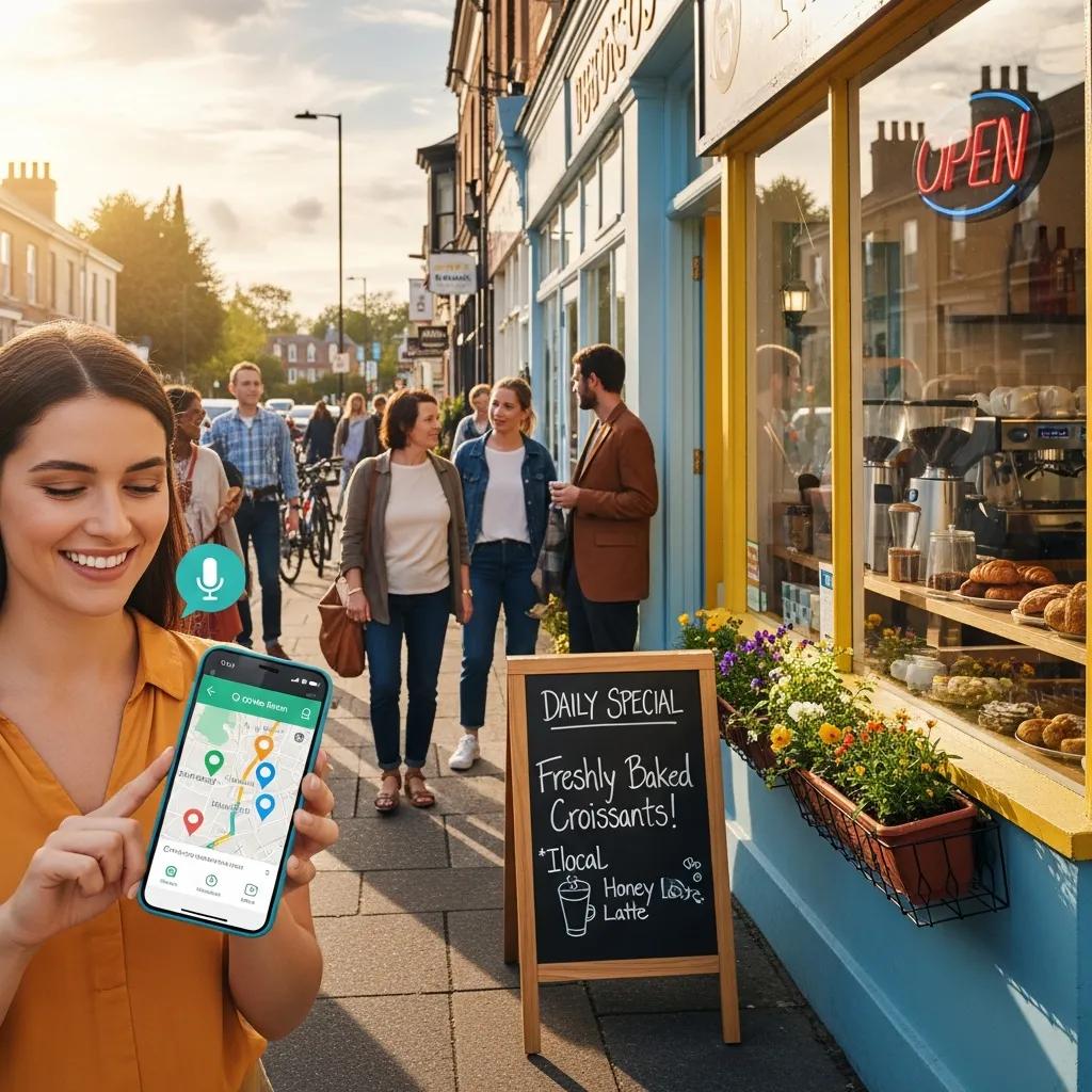 Local business storefront with a customer searching for services, illustrating the role of local SEO in voice search