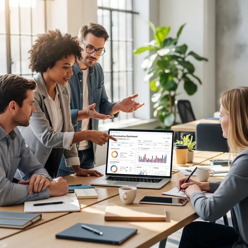 Modern workspace with professionals collaborating on AI automation solutions