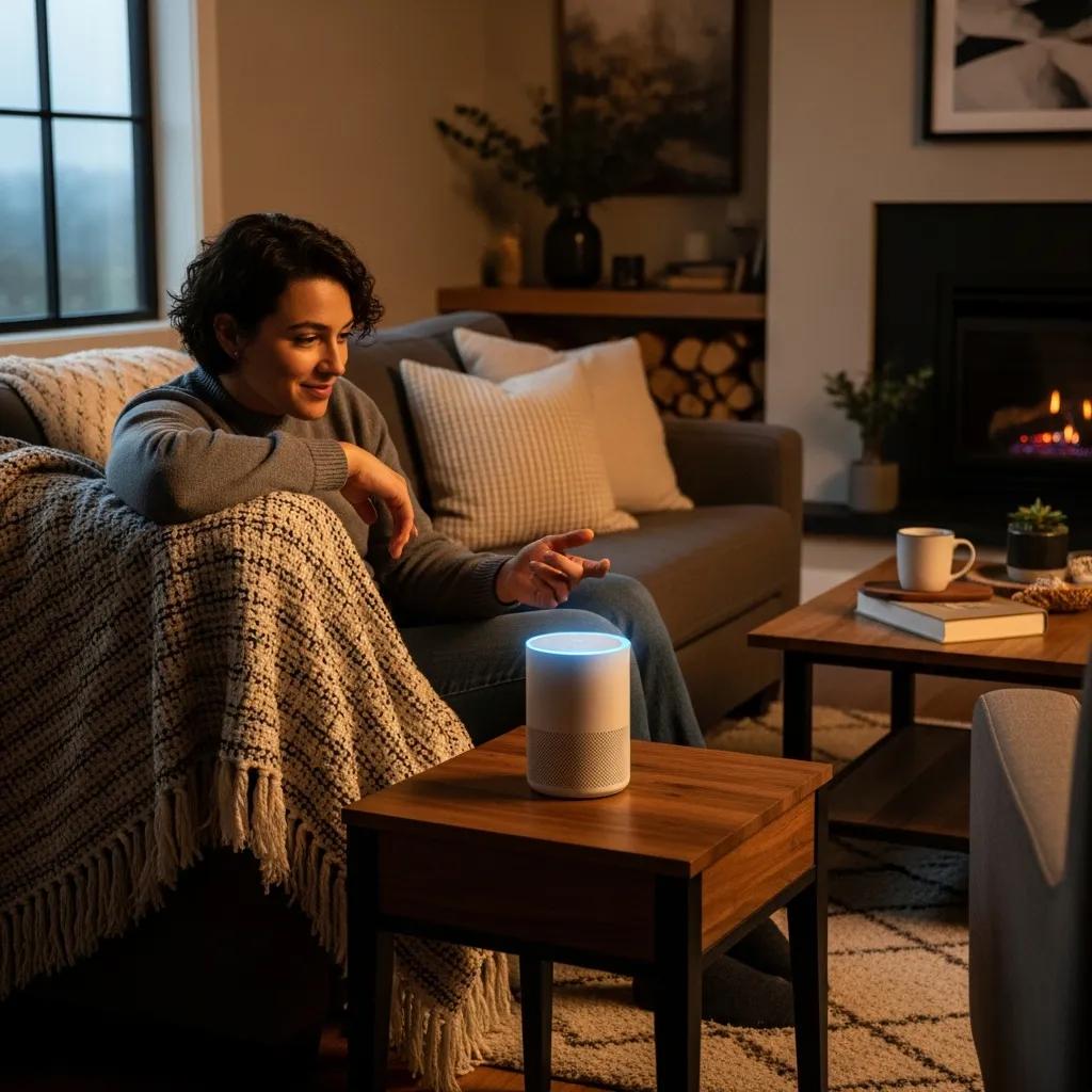 Person using a smart speaker in a cozy living room, representing voice search optimization and user convenience