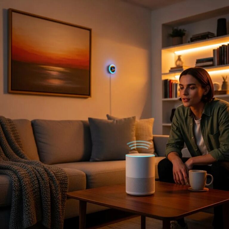 Smart speaker in a cozy living room representing the importance of voice search technology