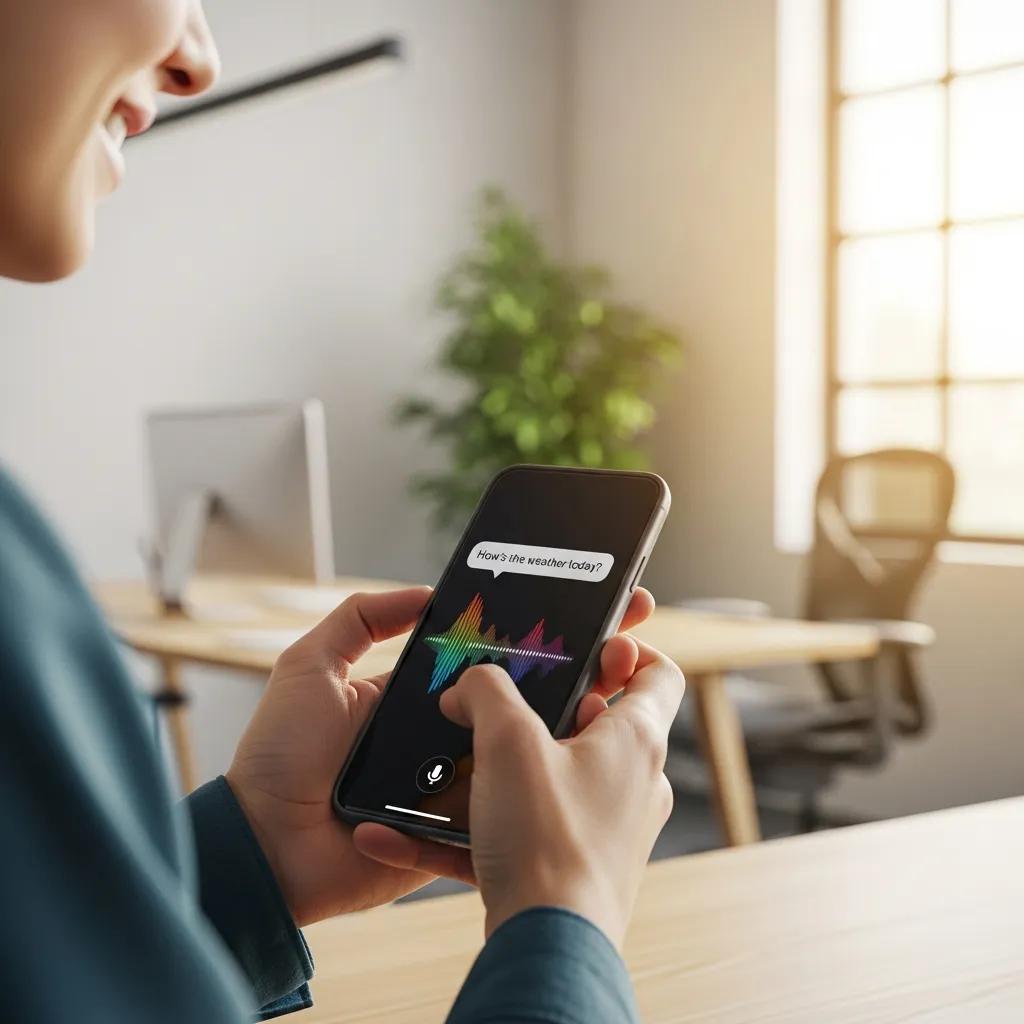 User interacting with a smartphone voice assistant, highlighting effective voice search optimization strategies