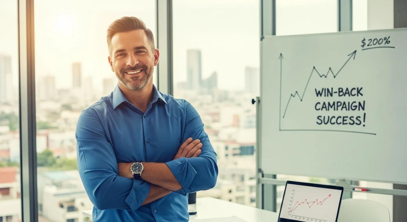Business owner smiling after a successful win-back campaign