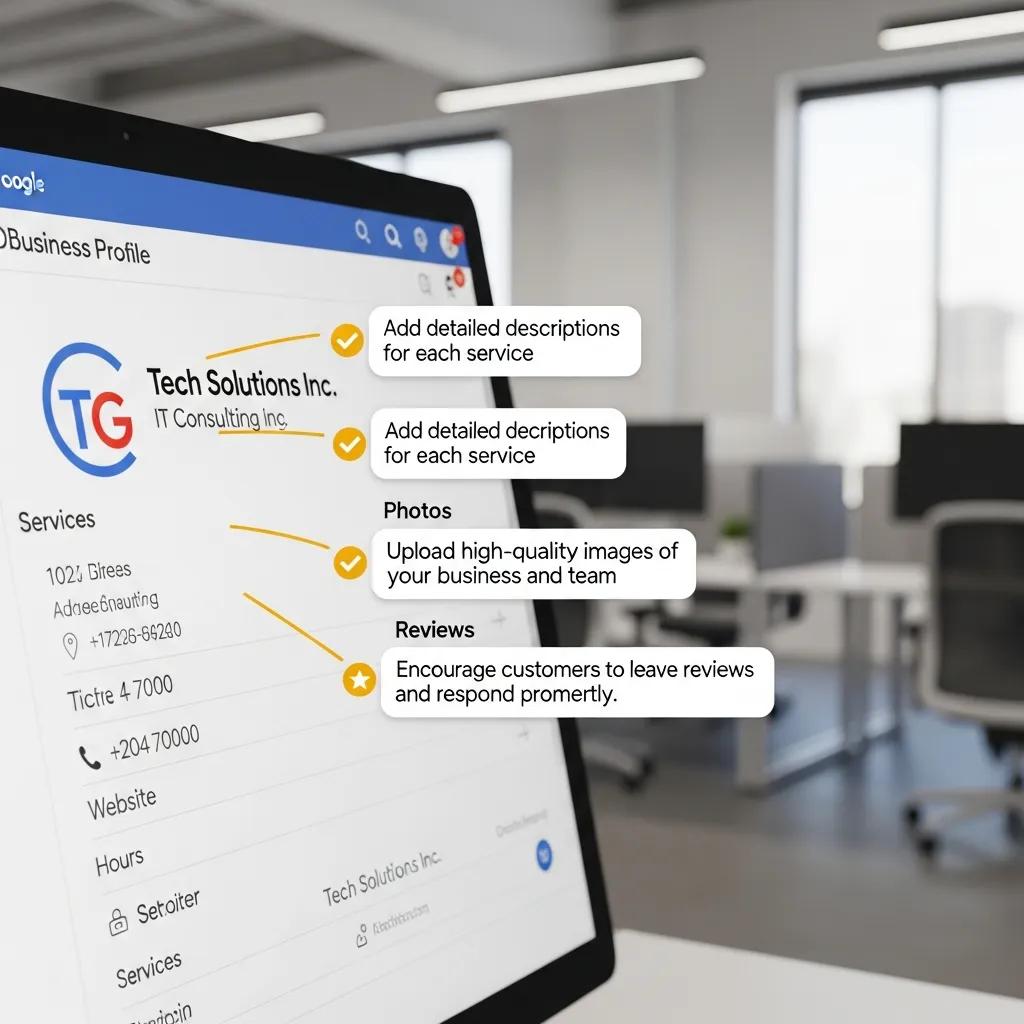 Close-up of a Google Business Profile dashboard showing optimization tasks in an office