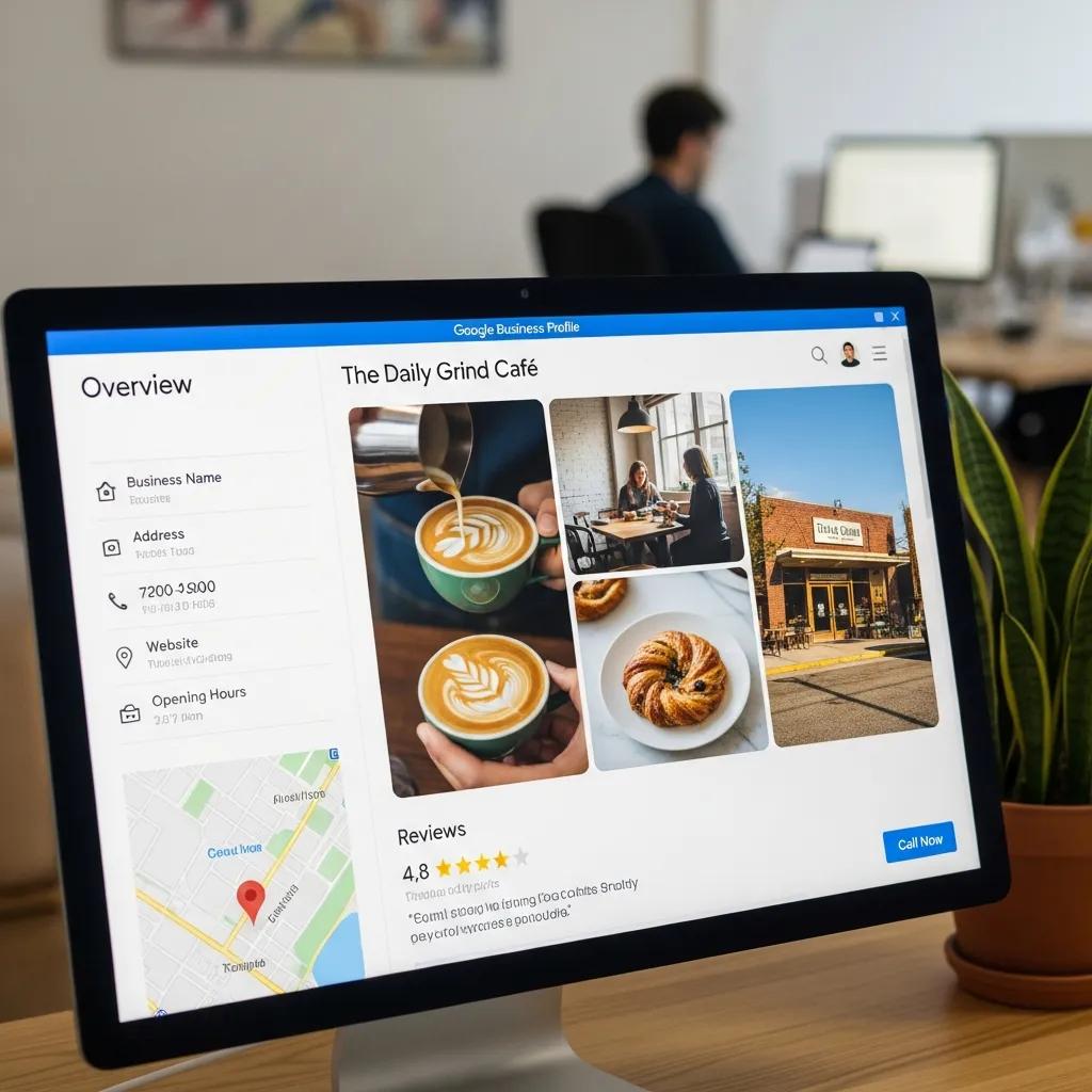 Computer screen showing an optimized Google Business Profile with engaging visuals and customer reviews