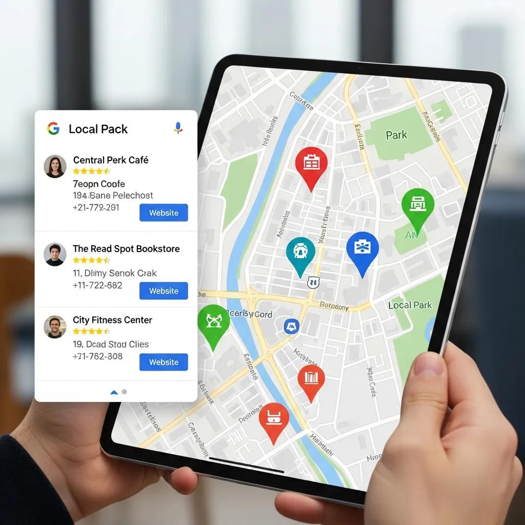 Digital map highlighting nearby businesses and local SEO tactics for Google Maps