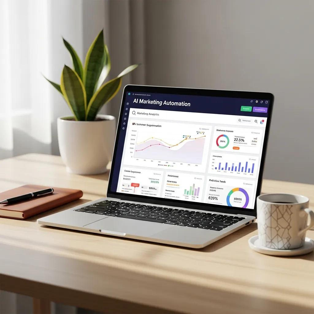 Modern workspace with laptop showing AI marketing analytics and inviting elements