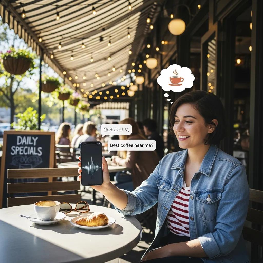 Person using a smart device for voice search to find a nearby business