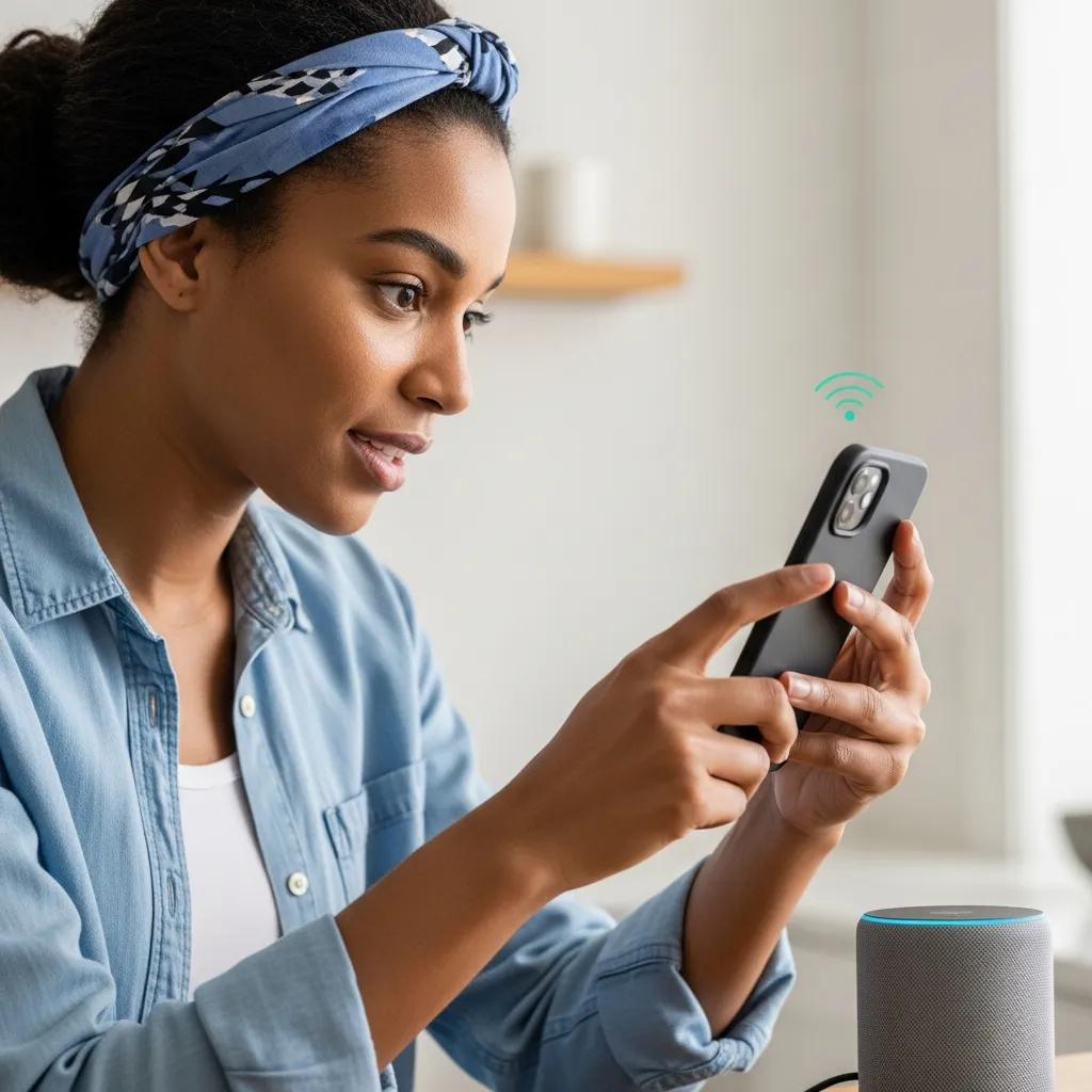 Person using a voice-activated device in a home setting, emphasizing voice search for local services