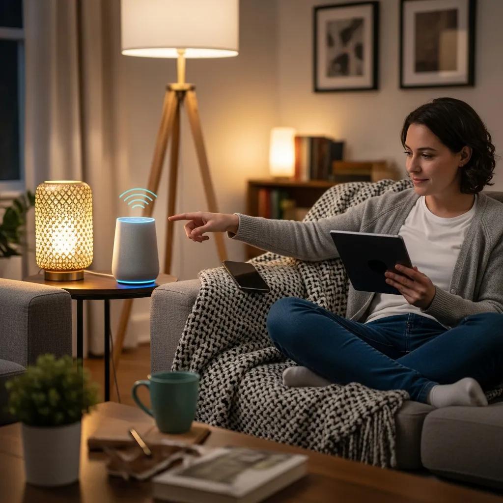 Person using a voice assistant in a cozy home setting, illustrating voice search optimization