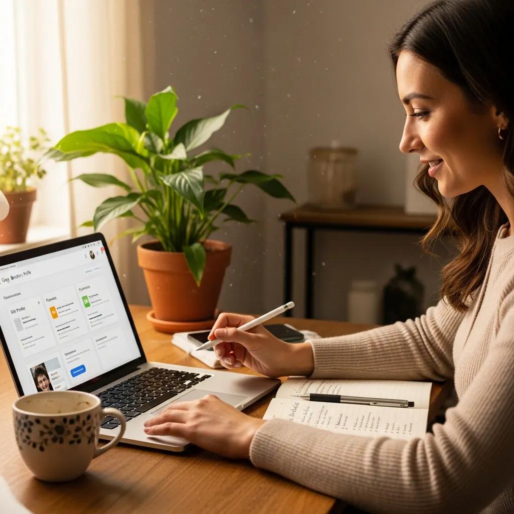 Small business owner optimizing Google Business Profile on a laptop in a cozy office