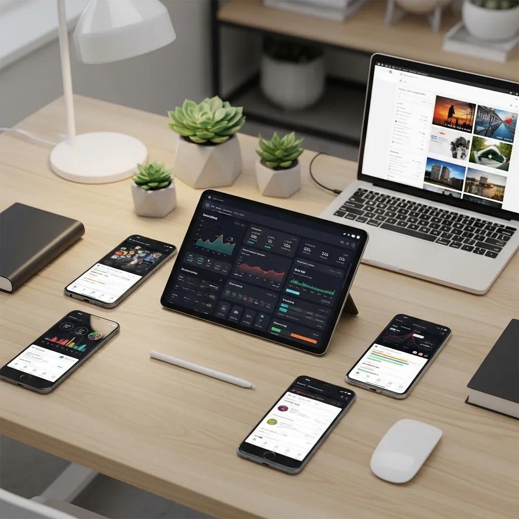 Various digital marketing tools displayed on a modern desk showcasing marketing dashboards
