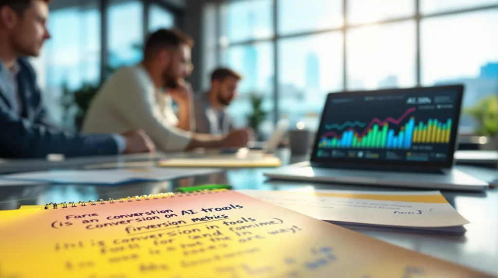 A workspace with charts on a laptop and notes on a table, featuring four men in discussion.