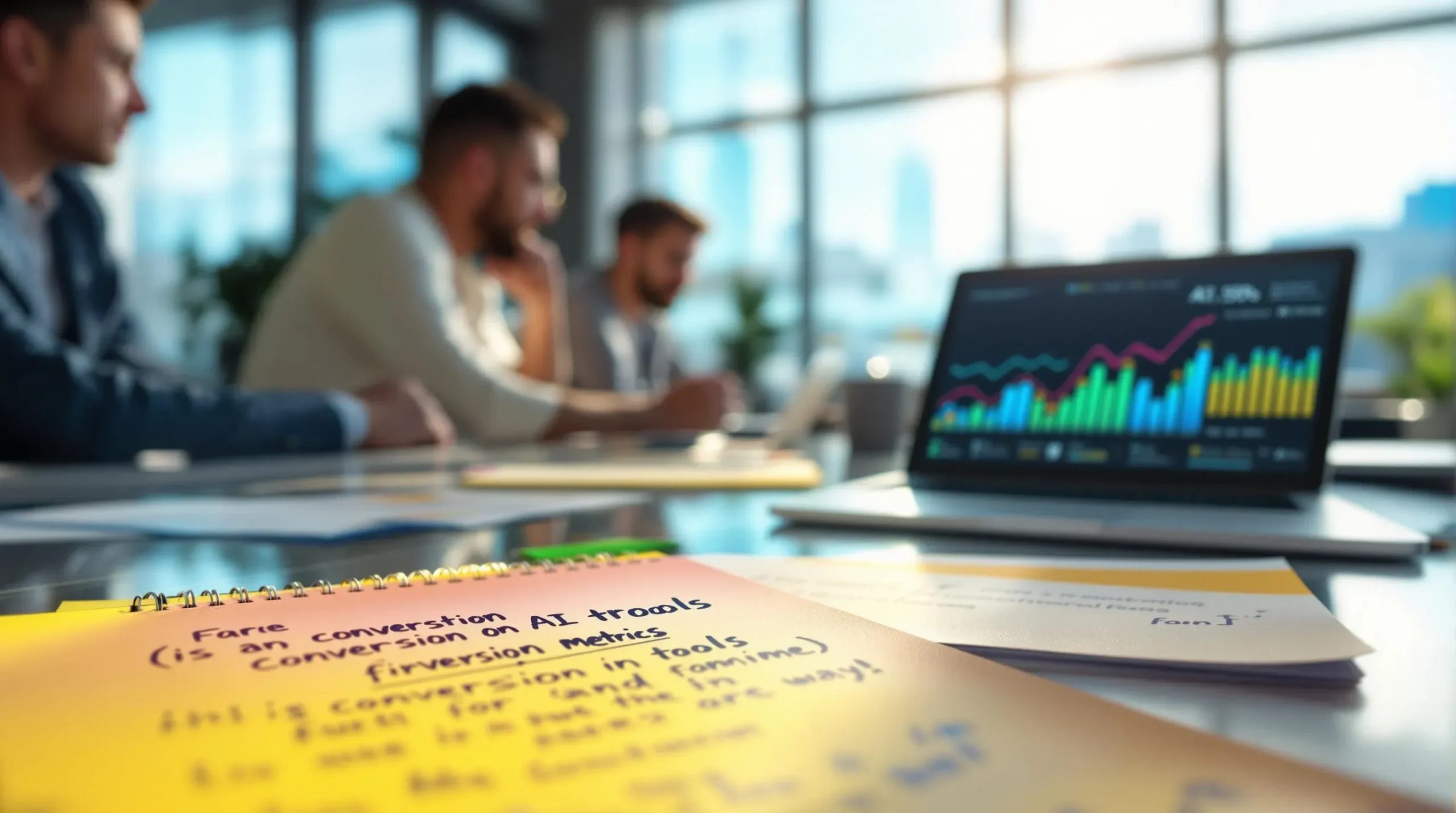 A workspace with charts on a laptop and notes on a table, featuring four men in discussion.