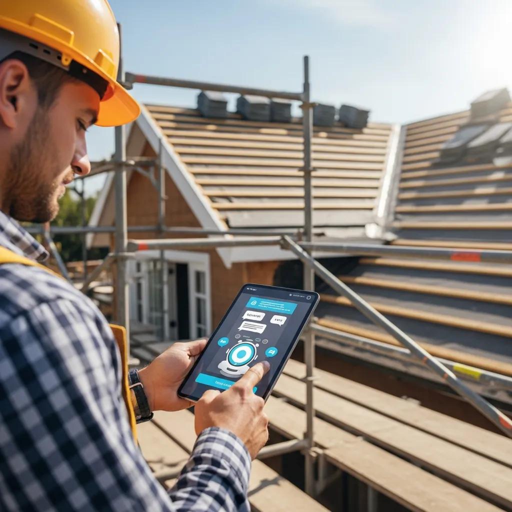 Roofing professional using AI technology for job bookings