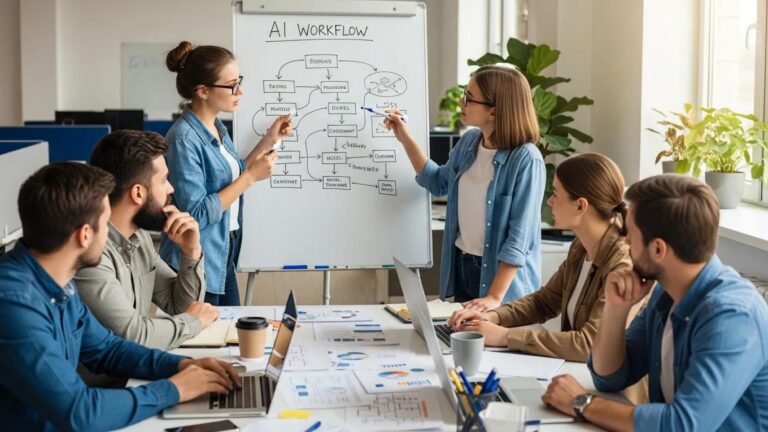 Small team planning an AI workflow during a hands-on office meeting