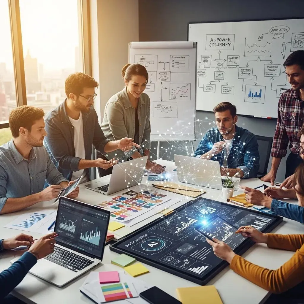 Team collaborating around whiteboard illustrating AI marketing automation and sales enablement strategies.