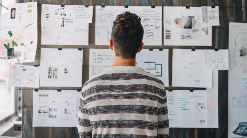 Man reviewing workflow diagrams and task management concepts for AI-powered productivity.