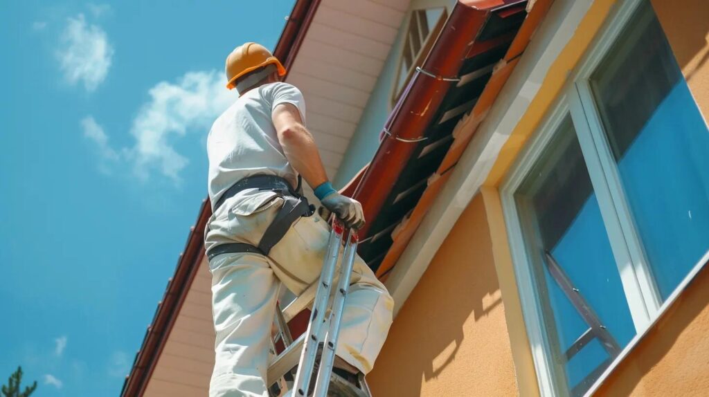 Painter working on house exterior, ladder and homeowner improvement.