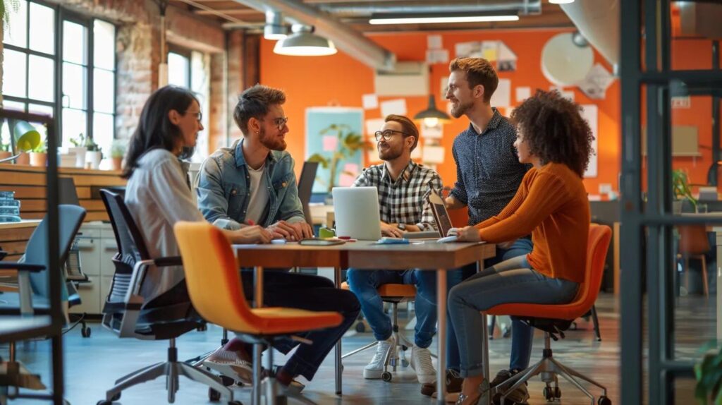 diverse professional collaborating in a modern office, illustrating ai integration in marketing and sales
