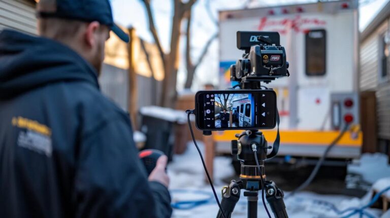 A small HVAC company making a social media video using an Iphone on a tripod with his logo'd trucks in the background