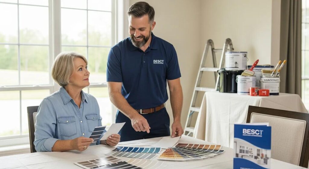 Home services professional discussing paint colors with a customer for local SEO marketing.