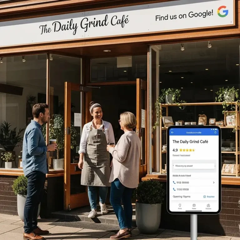 Customers chatting with a barista outside a café, showcasing a review on a mobile device.