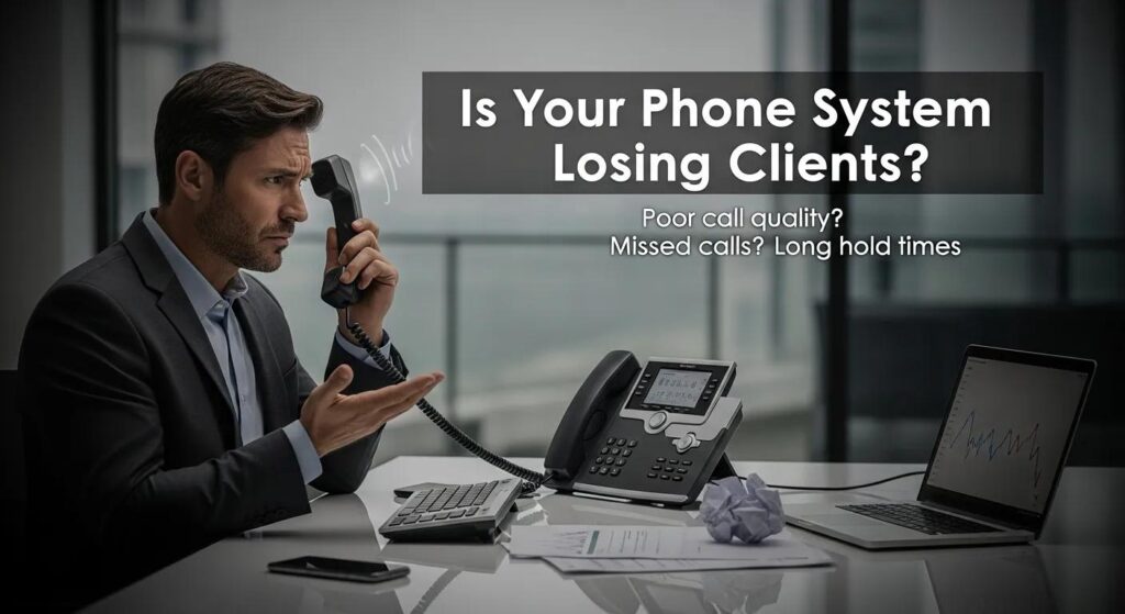 Frustrated businessman on phone illustrating missed calls and poor call quality impacting client retention.