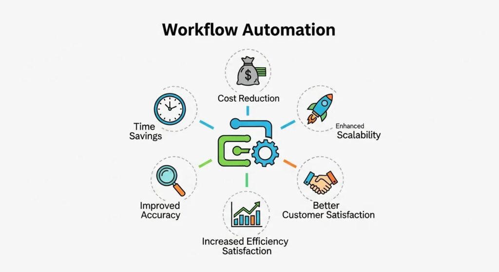 Workflow automation diagram illustrating benefits: cost reduction, time savings, accuracy, and customer satisfaction.