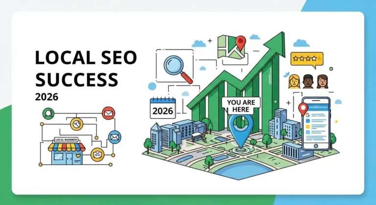Launched video marketing strategies and local SEO success illustrated with graphic of city and upward trending arrow.