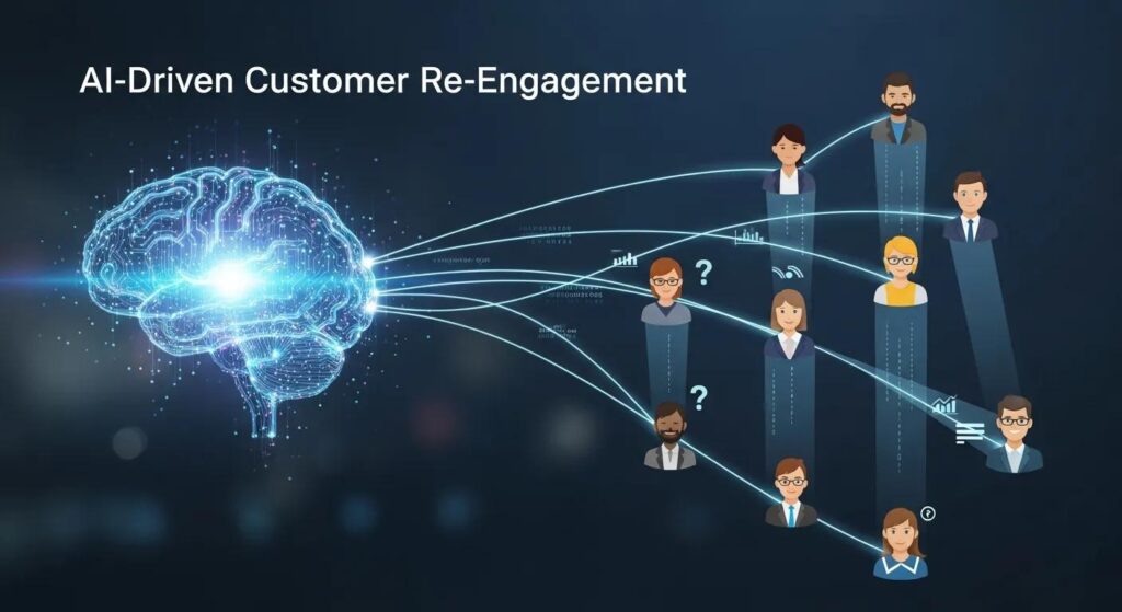 AI-driven customer re-engagement strategy connecting diverse customers with predictive analytics.