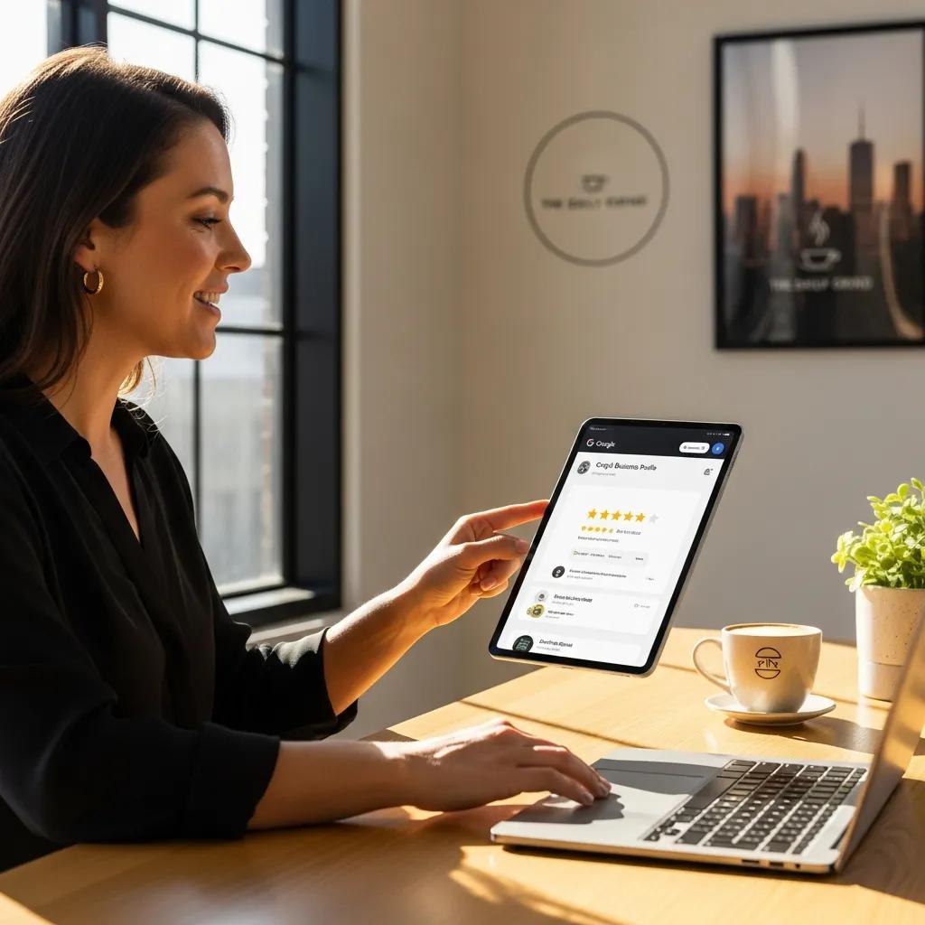 Business owner reviewing Google Business Profile on a laptop in a modern office