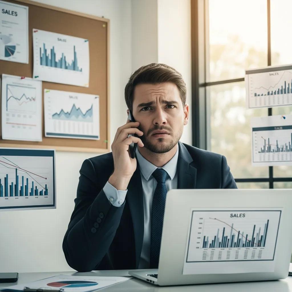 Business professional on a phone call in a modern office, illustrating the disconnect between inquiries and sales growth