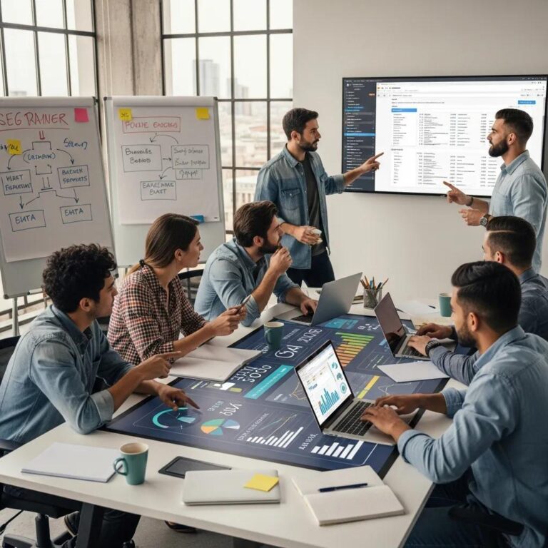 Diverse professionals collaborating on SEO strategies in a modern office