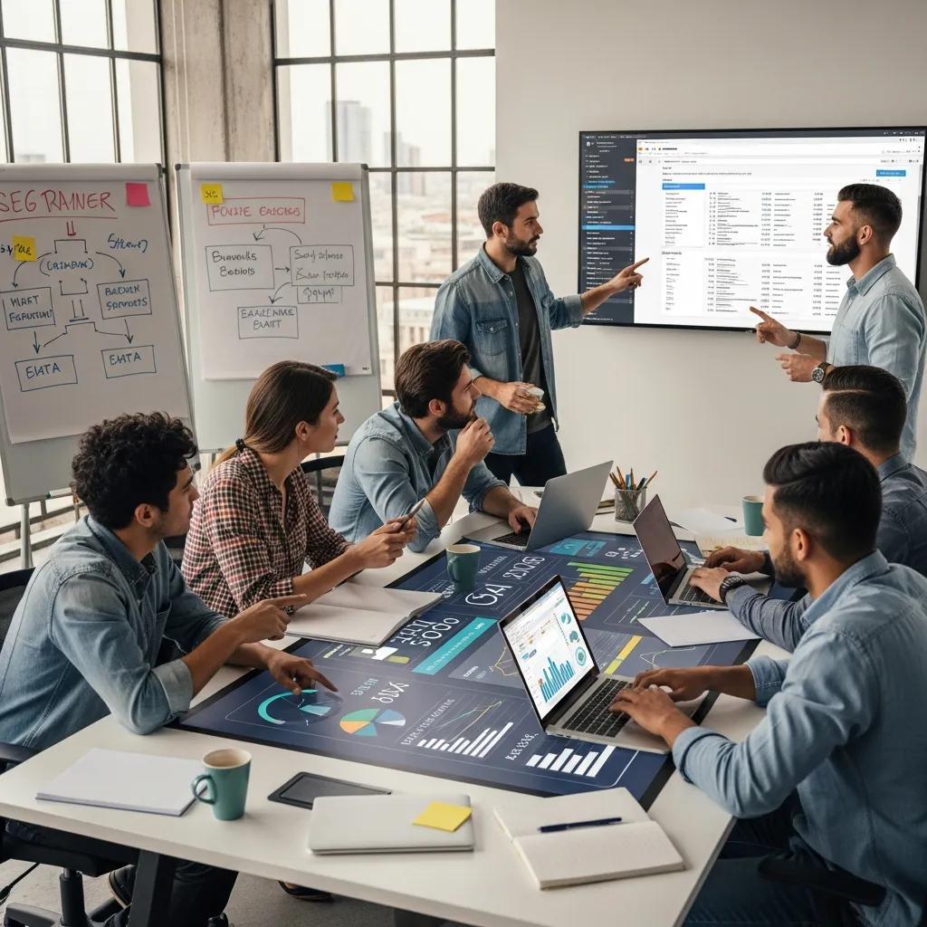 Diverse professionals collaborating on SEO strategies in a modern office, discussing Google SEO, GEO SEO, and Voice SEO.