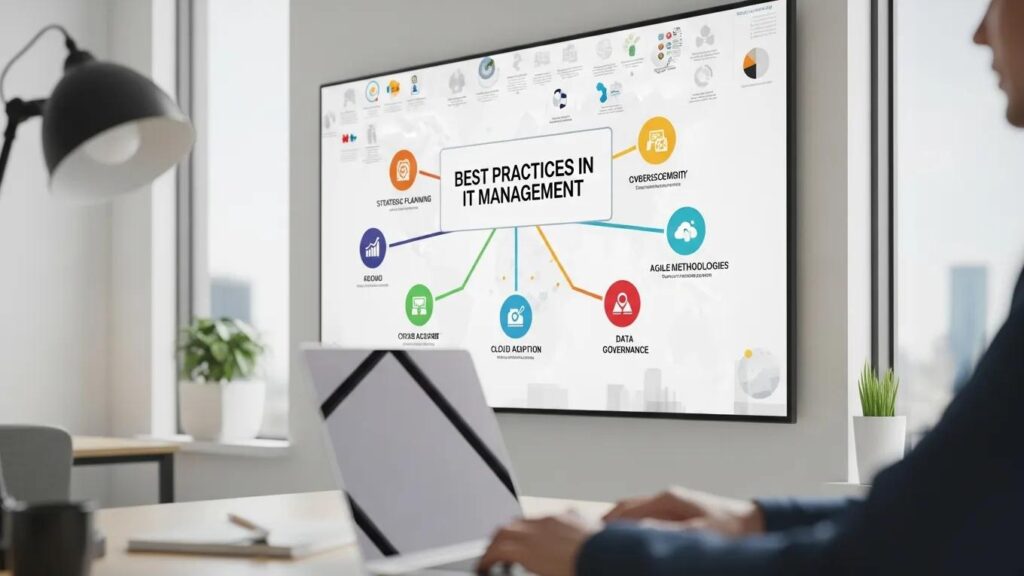 IT management best practices diagram displayed on screen in modern office setting.