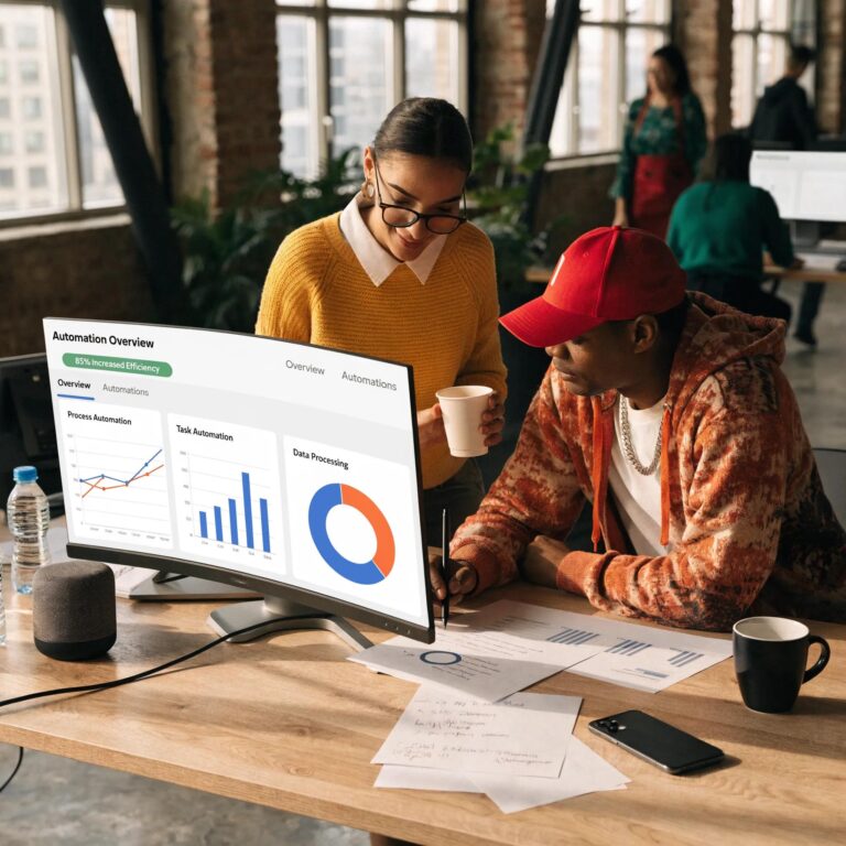 Office scene highlighting business professionals using AI tools for workflow automation, embodying themes of productivity and efficiency.