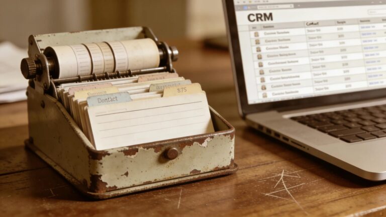 Picture of an old worn out Rolodex next to a CRM listing